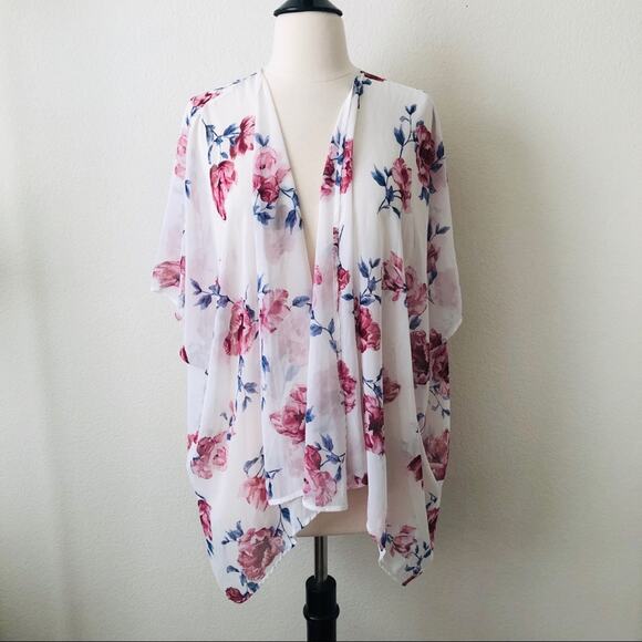 Audrey 3+1 pink blue floral print on white ivory open kimono short sleeve top - Picture 1 of 5